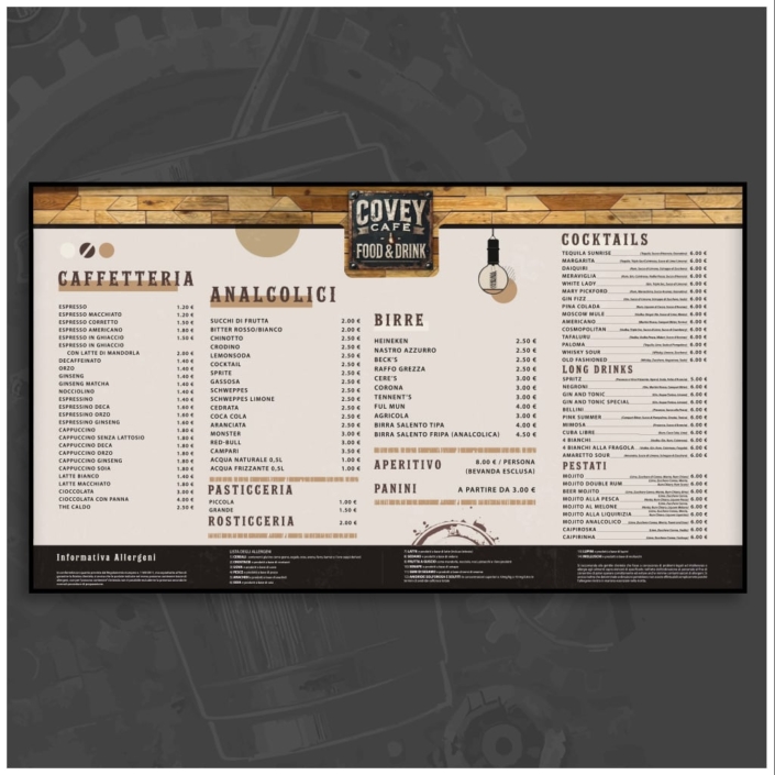 Covey café Lecce design menu by babelecapovolta